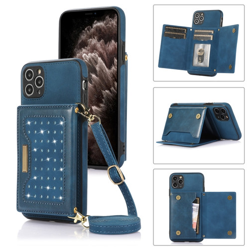 iPhone 11 Pro Max Three-fold RFID Leather Phone Case with Lanyard - Blue