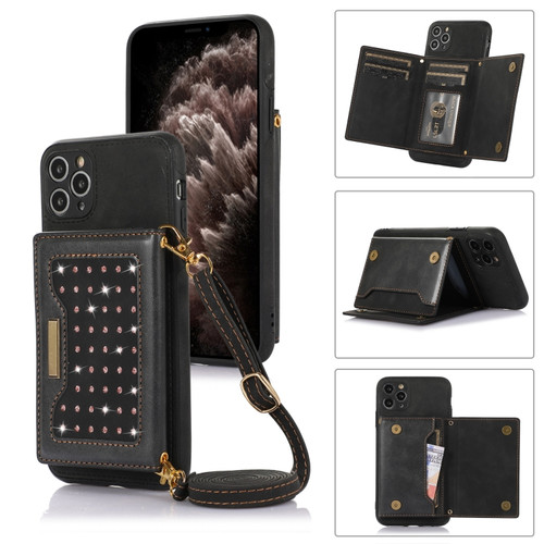 iPhone 11 Pro Max Three-fold RFID Leather Phone Case with Lanyard - Black