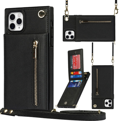 iPhone 11 Pro Max Cross-body Zipper Square TPU+PU Back Cover Case with Holder & Card Slots & Wallet & Strap  - Black