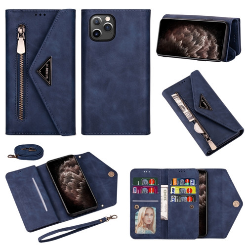 iPhone 11 Pro Max Skin Feel Zipper Horizontal Flip Leather Case with Holder & Card Slots & Photo Frame & Lanyard & Long Rope - Blue