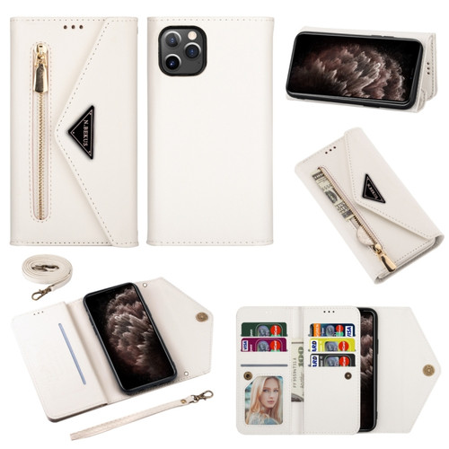 iPhone 11 Pro Max Skin Feel Zipper Horizontal Flip Leather Case with Holder & Card Slots & Photo Frame & Lanyard & Long Rope - White
