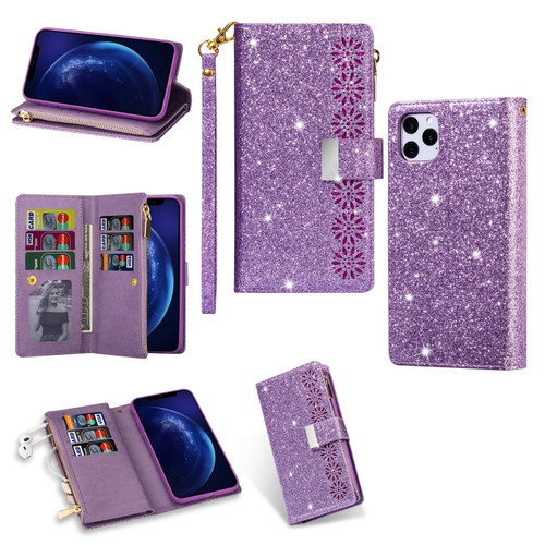 iPhone 11 Pro Max Multi-card Slots Starry Sky Laser Carving Glitter Zipper Horizontal Flip Leather Case with Holder & Wallet & Lanyard - Purple