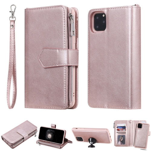 iPhone 11 Pro Max 2 in 1 Solid Color Zipper Shockproof Protective Case with Card Slots & Bracket & Photo Holder & Wallet Function - Rose Gold