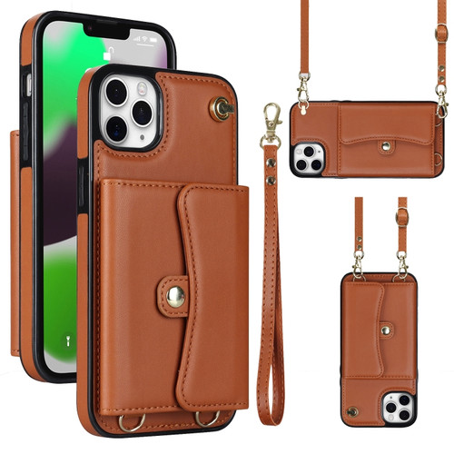 iPhone 11 Pro Max RFID Card Slot Phone Case with Long Lanyard - Brown