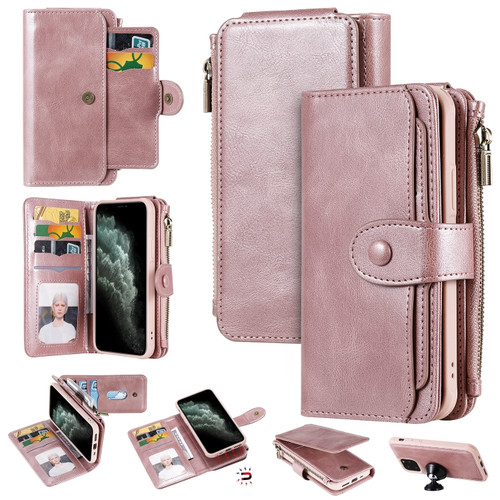 iPhone 11 Pro Multifunctional Retro Detachable Magnetic Horizontal Flip Leather Case with Card Slots & Holder & Wallet & Photo Frame - Rose Gold