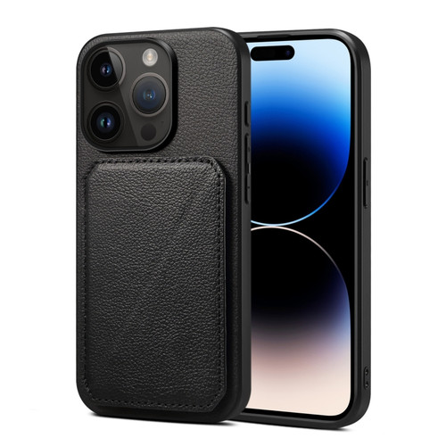 iPhone 15 Pro Max Imitation Calfskin Leather Back Phone Case with Holder - Black