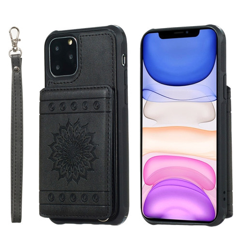 iPhone 11 Pro Sunflower Embossing Pattern PU + TPU Case with Holder & Card Slots & Photo Frame & Lanyard - Black