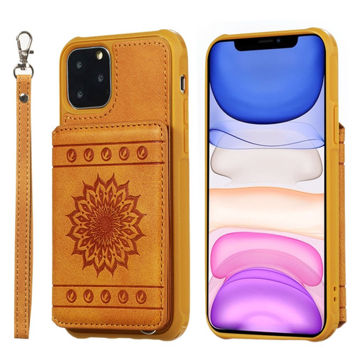 iPhone 11 Pro Sunflower Embossing Pattern PU + TPU Case with Holder & Card Slots & Photo Frame & Lanyard - Brown