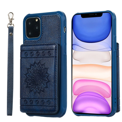 iPhone 11 Pro Sunflower Embossing Pattern PU + TPU Case with Holder & Card Slots & Photo Frame & Lanyard - Blue