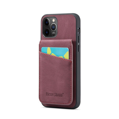 iPhone 11 Pro Fierre Shann Crazy Horse Card Holder Back Cover PU Phone Case - Wine Red