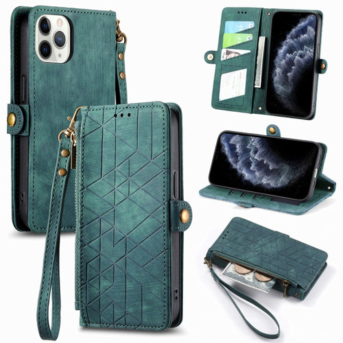 iPhone 11 Pro Geometric Zipper Wallet Side Buckle Leather Phone Case - Green