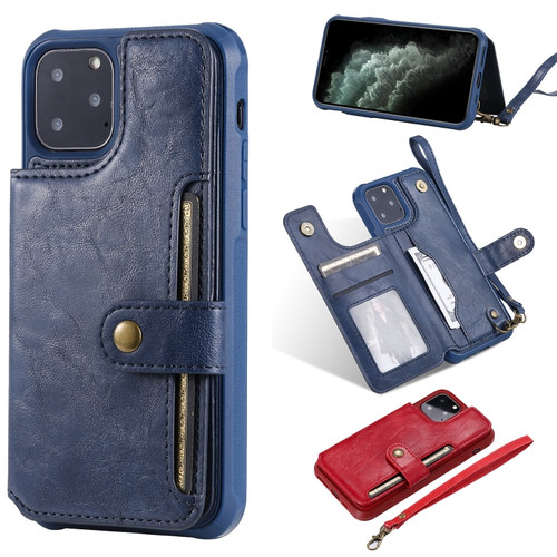 iPhone 11 Pro Buckle Zipper Shockproof Protective Case with Holder & Card Slots & Wallet & Lanyard & Photos Frame - Blue