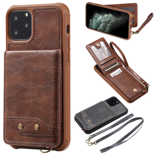 iPhone 11 Pro Vertical Flip Shockproof Leather Protective Case with Long Rope, Support Card Slots & Bracket & Photo Holder & Wallet Function - 咖啡