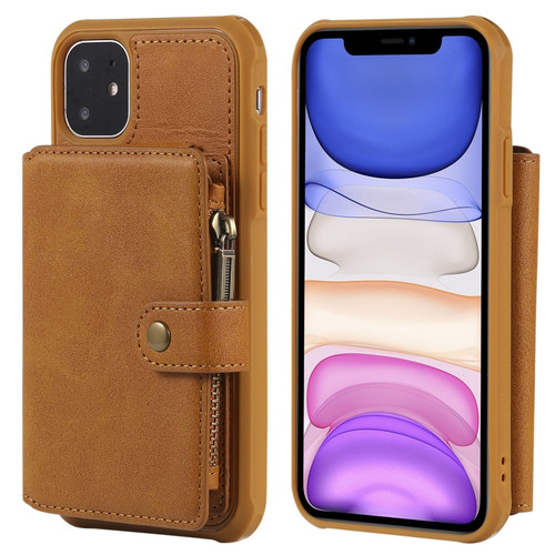 iPhone 11 Pro Zipper Shockproof Protective Case with Card Slots & Bracket & Photo Holder & Wallet Function - Brown