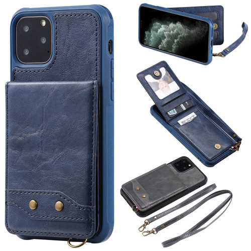 iPhone 11 Pro Vertical Flip Shockproof Leather Protective Case with Long Rope, Support Card Slots & Bracket & Photo Holder & Wallet Function - Blue