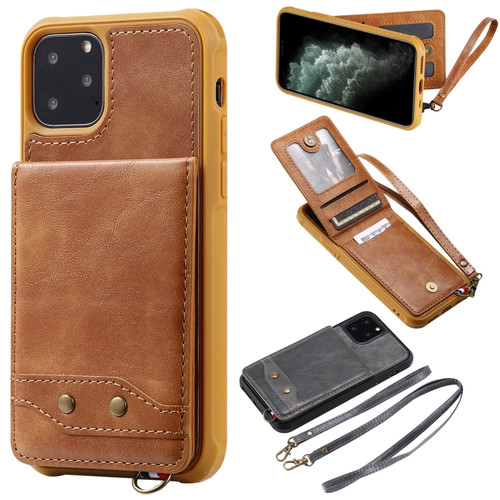 iPhone 11 Pro Vertical Flip Shockproof Leather Protective Case with Long Rope, Support Card Slots & Bracket & Photo Holder & Wallet Function - Brown