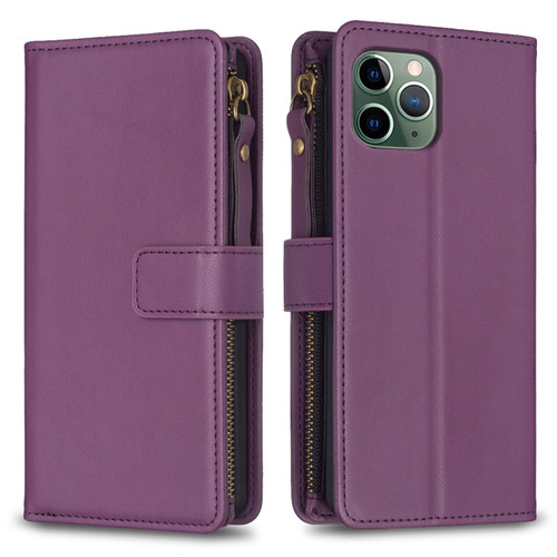 iPhone 11 Pro 9 Card Slots Zipper Wallet Leather Flip Phone Case - Dark Purple
