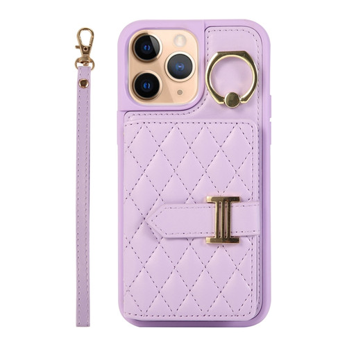 iPhone 11 Pro Horizontal Card Bag Ring Holder Phone Case with Dual Lanyard - Purple