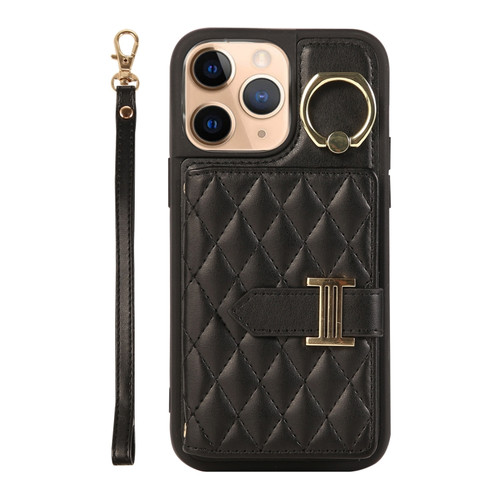 iPhone 11 Pro Horizontal Card Bag Ring Holder Phone Case with Dual Lanyard - Black