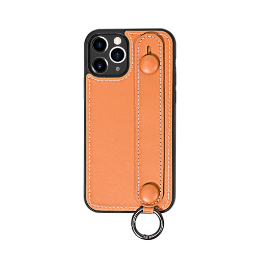 iPhone 11 Pro Top Layer Cowhide Shockproof Protective Case with Wrist Strap Bracket - Brown