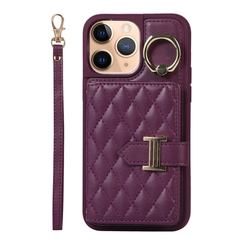 iPhone 11 Pro Horizontal Card Bag Ring Holder Phone Case with Dual Lanyard - Dark Purple