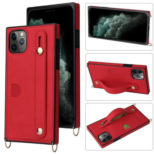 iPhone 11 Pro Wrist Strap PU+TPU Shockproof Protective Case with Crossbody Lanyard & Holder & Card Slot - Red