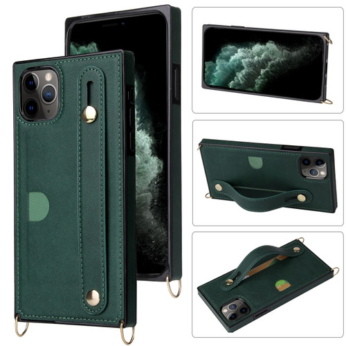 iPhone 11 Pro Wrist Strap PU+TPU Shockproof Protective Case with Crossbody Lanyard & Holder & Card Slot - Green