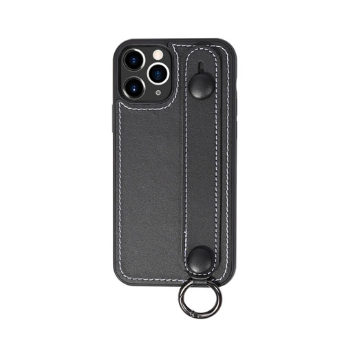 iPhone 11 Pro Top Layer Cowhide Shockproof Protective Case with Wrist Strap Bracket - Black