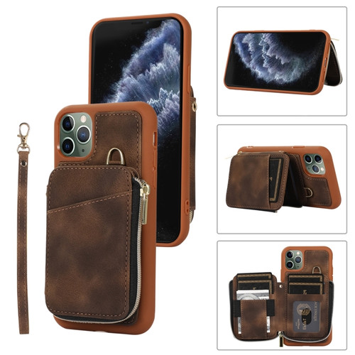iPhone 11 Pro Zipper Card Bag Back Cover Phone Case - Brown