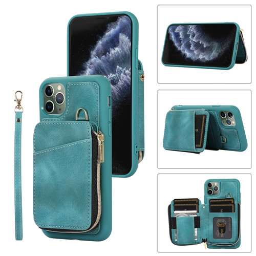 iPhone 11 Pro Zipper Card Bag Back Cover Phone Case - Turquoise