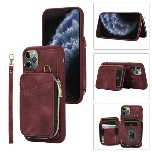 iPhone 11 Pro Zipper Card Bag Back Cover Phone Case - Wine Red