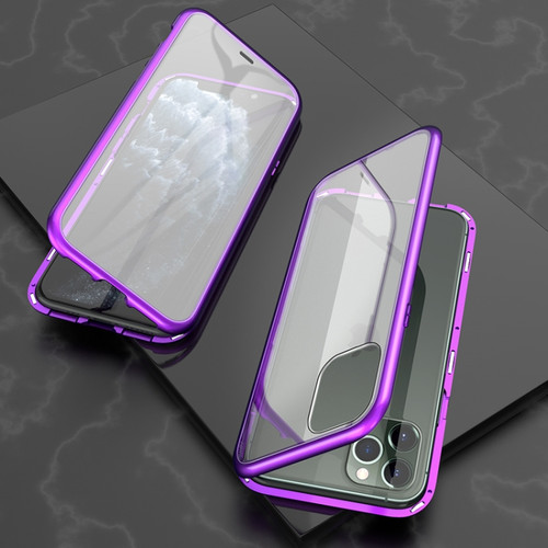 iPhone 11 Pro Ultra Slim Double Sides Magnetic Adsorption Angular Frame Tempered Glass Magnet Flip Case - Purple