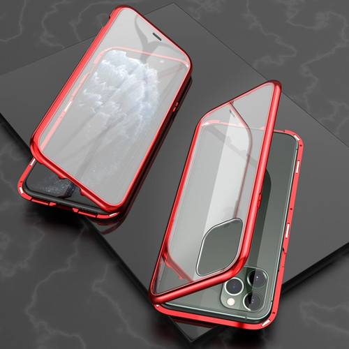 iPhone 11 Pro Ultra Slim Double Sides Magnetic Adsorption Angular Frame Tempered Glass Magnet Flip Case - Red