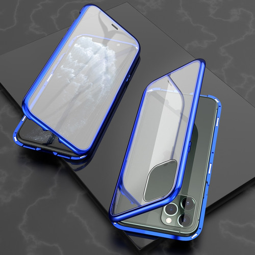 iPhone 11 Pro Ultra Slim Double Sides Magnetic Adsorption Angular Frame Tempered Glass Magnet Flip Case - Blue