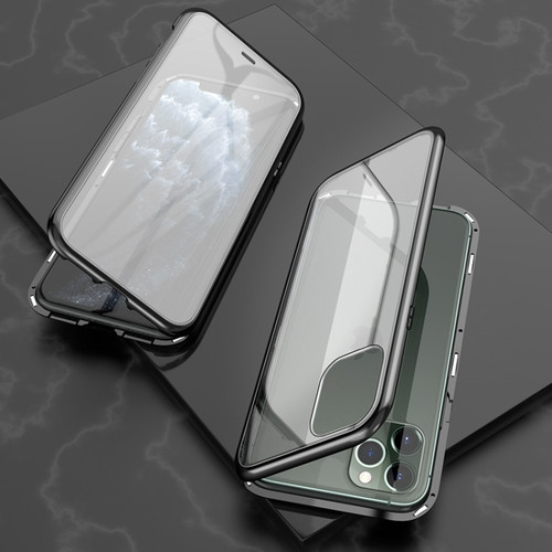 iPhone 11 Pro Ultra Slim Double Sides Magnetic Adsorption Angular Frame Tempered Glass Magnet Flip Case - Black