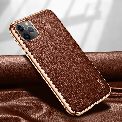 iPhone 11 Pro SULADA Litchi Texture Leather Electroplated Shckproof Protective Case - Brown