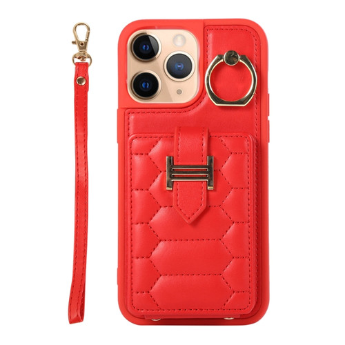 iPhone 11 Pro Vertical Card Bag Ring Holder Phone Case with Dual Lanyard - Red