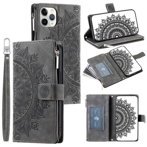 iPhone 11 Pro Multi-Card Totem Zipper Leather Phone Case - Grey