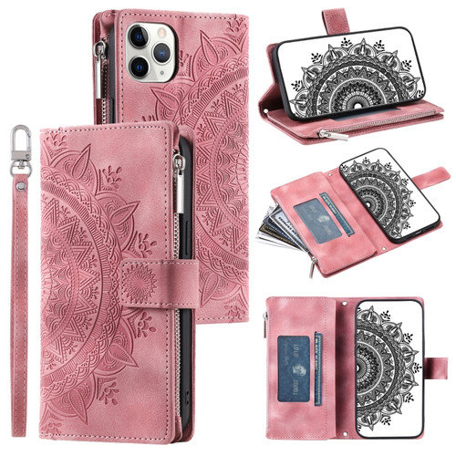 iPhone 11 Pro Multi-Card Totem Zipper Leather Phone Case - Pink