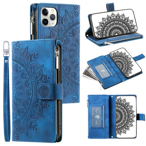 iPhone 11 Pro Multi-Card Totem Zipper Leather Phone Case - Blue