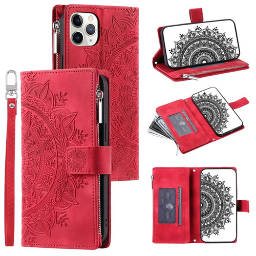 iPhone 11 Pro Multi-Card Totem Zipper Leather Phone Case - Red