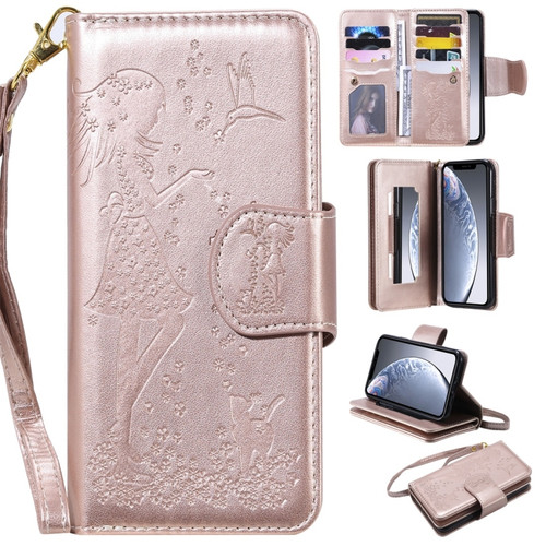 iPhone 11 Pro Woman and Cat Embossed Horizontal Flip Leather Case, with Wallet & Holder & Card Slots & Photo Frame & Mirror & Lanyard - Rose Gold