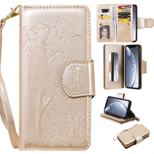 iPhone 11 Pro Woman and Cat Embossed Horizontal Flip Leather Case, with Wallet & Holder & Card Slots & Photo Frame & Mirror & Lanyard - Gold