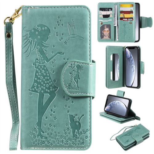 iPhone 11 Pro Woman and Cat Embossed Horizontal Flip Leather Case, with Wallet & Holder & Card Slots & Photo Frame & Mirror & Lanyard - Green