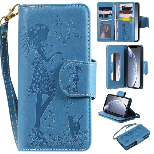 iPhone 11 Pro Woman and Cat Embossed Horizontal Flip Leather Case, with Wallet & Holder & Card Slots & Photo Frame & Mirror & Lanyard - Blue