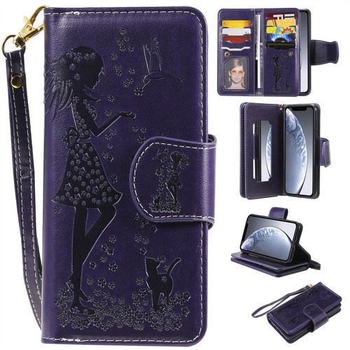 iPhone 11 Pro Woman and Cat Embossed Horizontal Flip Leather Case, with Wallet & Holder & Card Slots & Photo Frame & Mirror & Lanyard - Purple