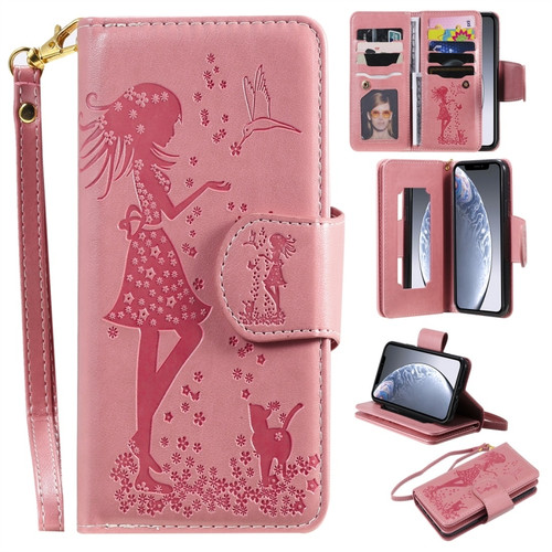 iPhone 11 Pro Woman and Cat Embossed Horizontal Flip Leather Case, with Wallet & Holder & Card Slots & Photo Frame & Mirror & Lanyard - Pink