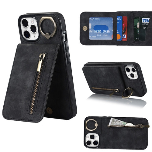 iPhone 11 Pro Retro Ring and Zipper RFID Card Slot Phone Case - Black