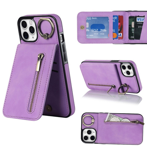 iPhone 11 Pro Retro Ring and Zipper RFID Card Slot Phone Case - Purple