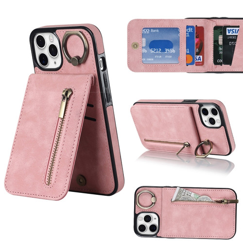 iPhone 11 Pro Retro Ring and Zipper RFID Card Slot Phone Case - Pink